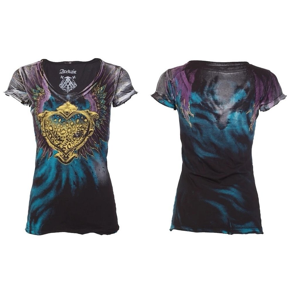 Archaic AFFLICTION Women's T-Shirt ON MY WAY Heart BLACK Tattoo Biker XL